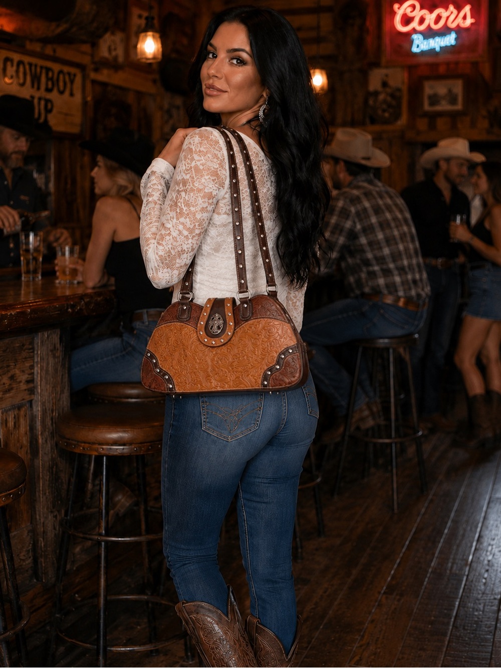 Vintage M.C. Marc Chantal Brown Western Tooled Leather Shoulder Bag — 1990s / Y2